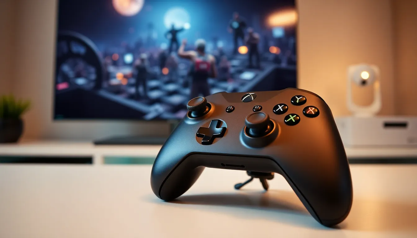 Xbox One controller on a modern gaming desk with a vibrant screen.