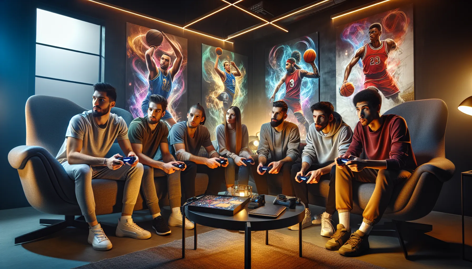 diverse gamers enjoying NBA 2K23 in a modern gaming room.