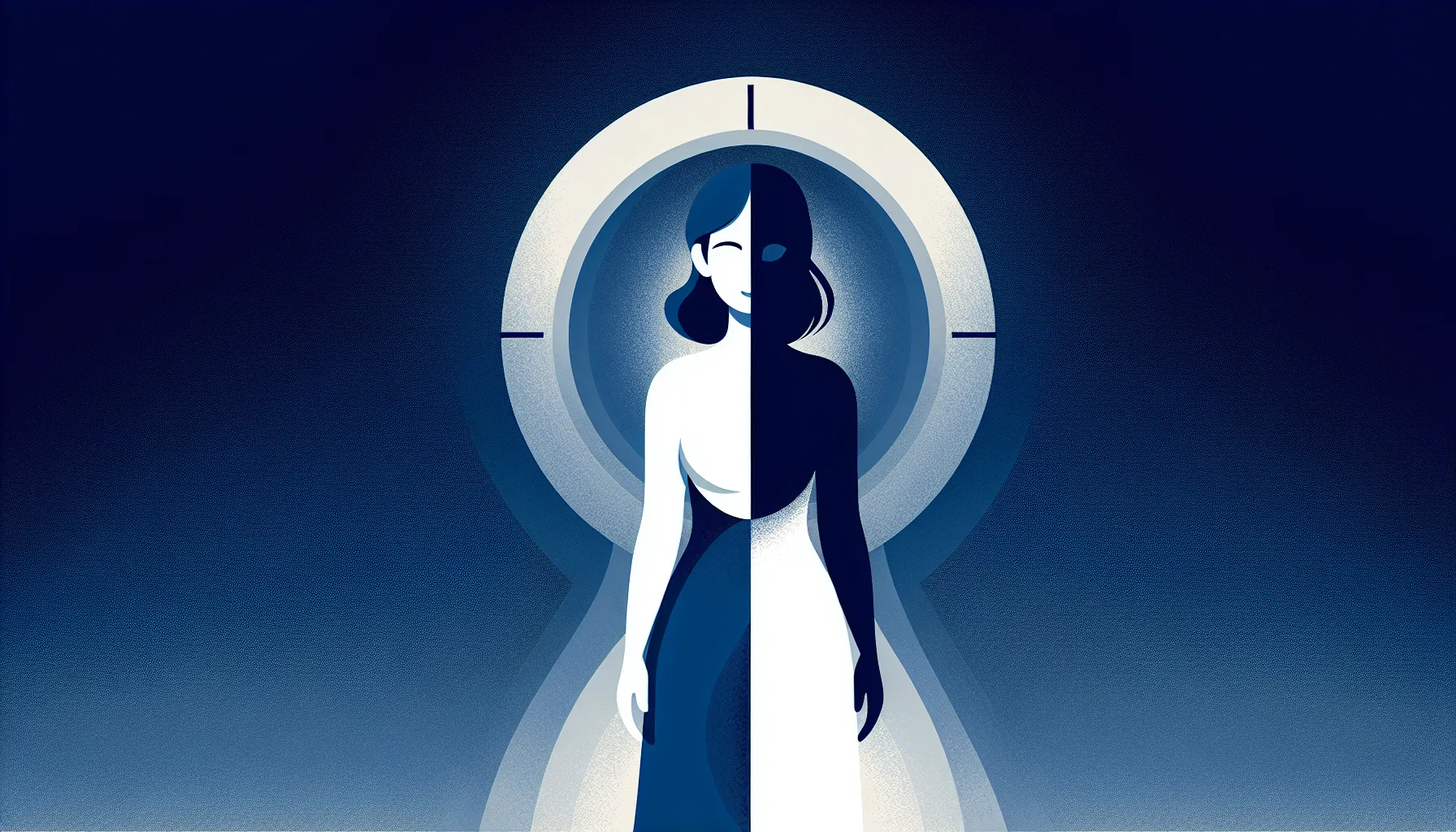 Human silhouette split between light and shadow representing moral duality at midnight