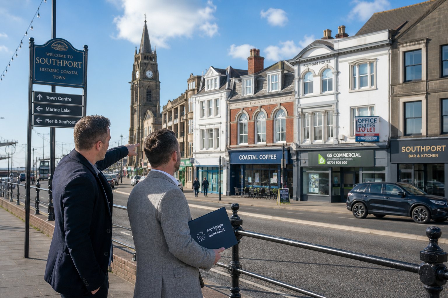 Real estate investor and mortgage specialist viewing commercial properties near Southport town center on a bright afternoon.