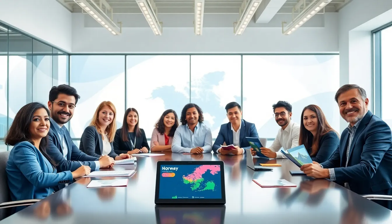 diverse team engaged in a Norwegian language learning session in a modern office.