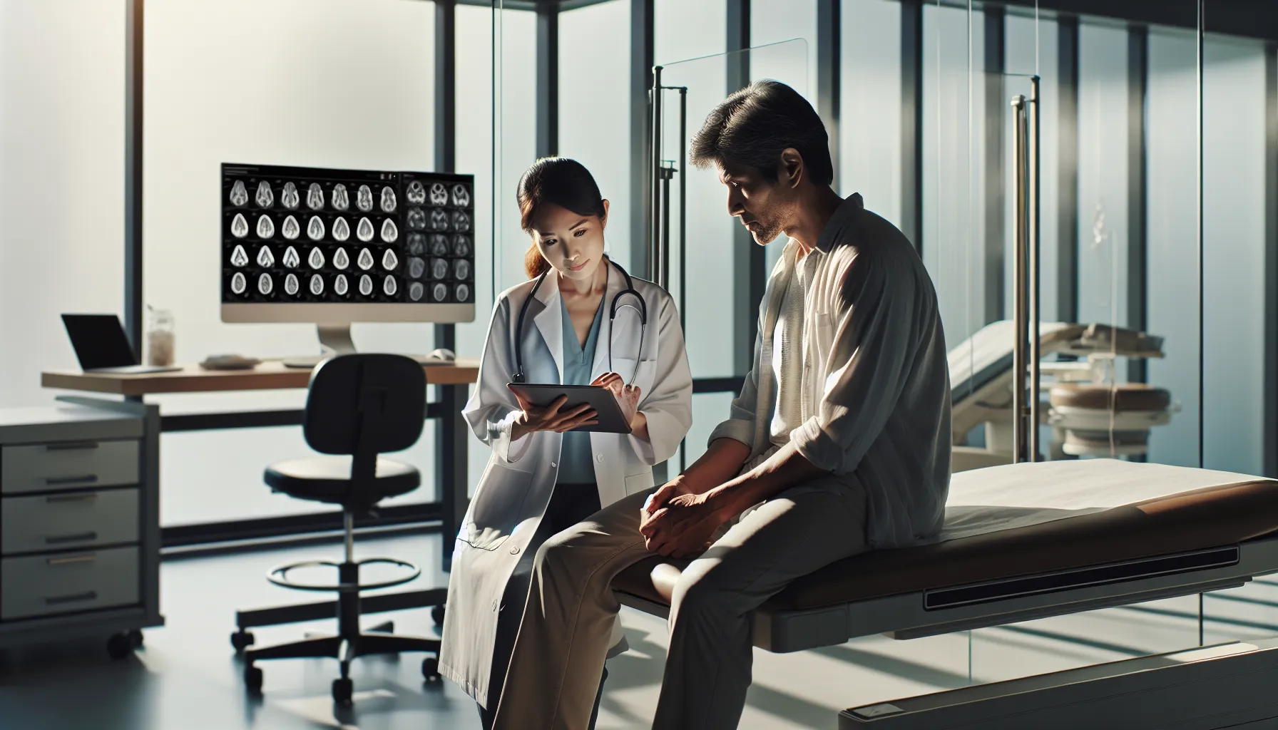 doctor examining a patient for pavatalgia in a modern medical office.