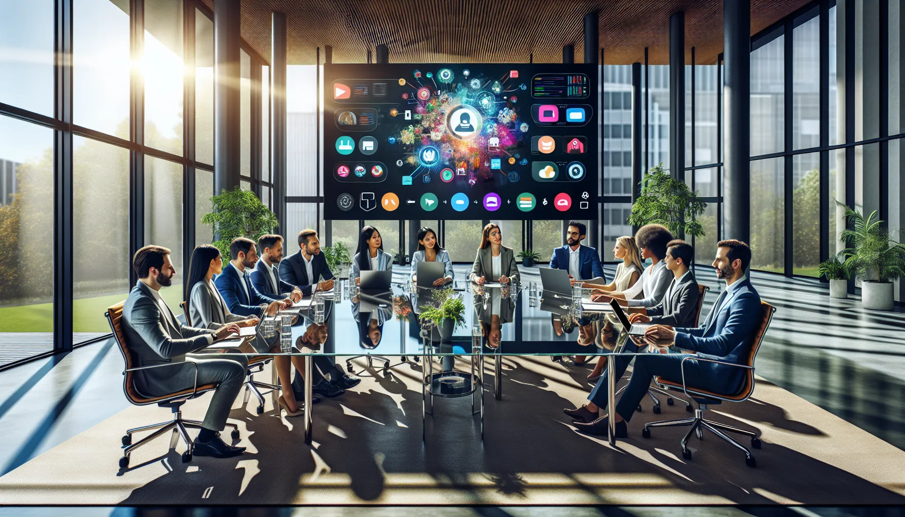 diverse team collaborating over a video conference in a modern office.