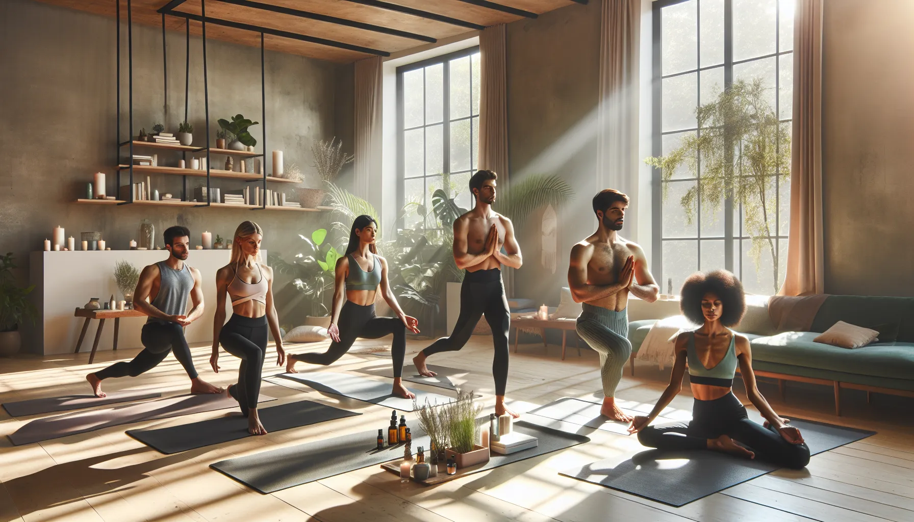 diverse group practicing yoga in a serene studio.