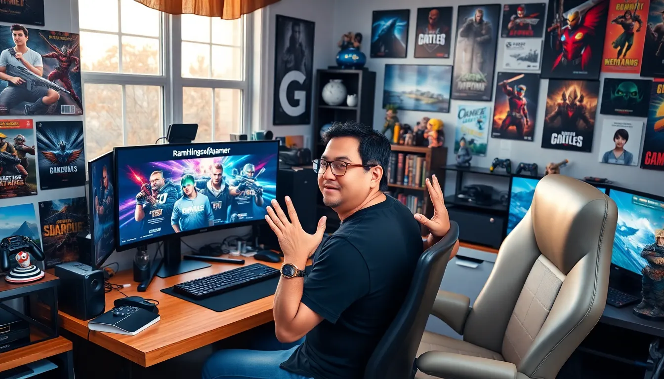 Larry Nando in a cozy gaming setup, discussing strategies on dual monitors.