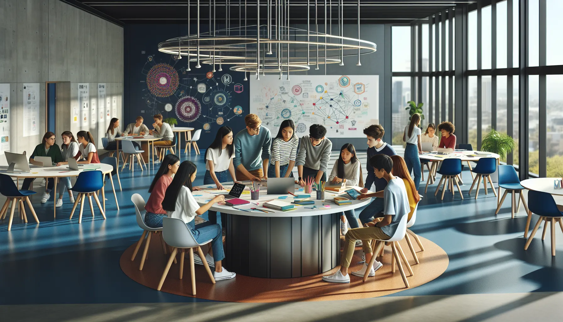 students collaborating in a modern classroom setting.