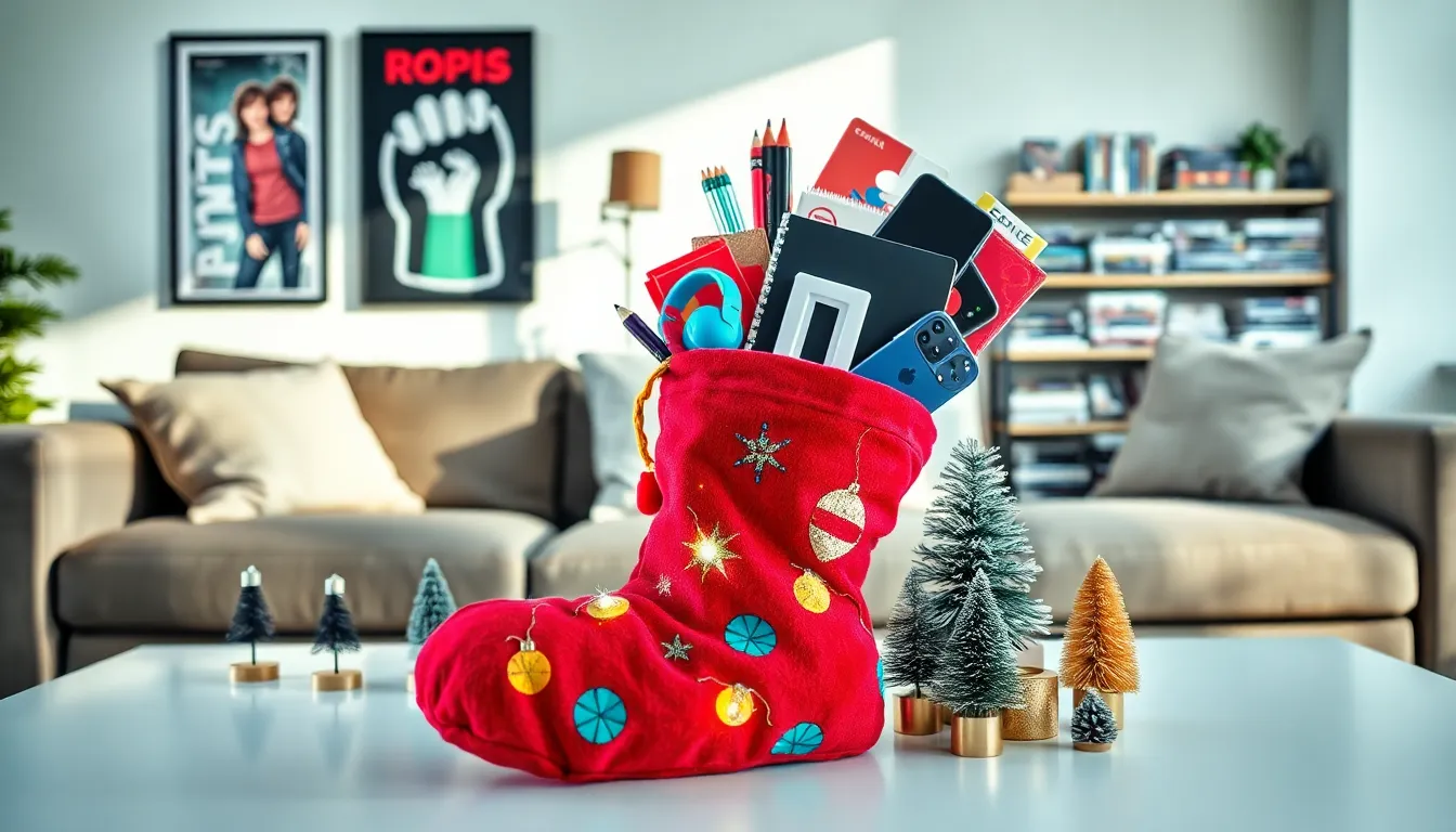 Festively styled stocking filled with trendy gifts for teenagers.