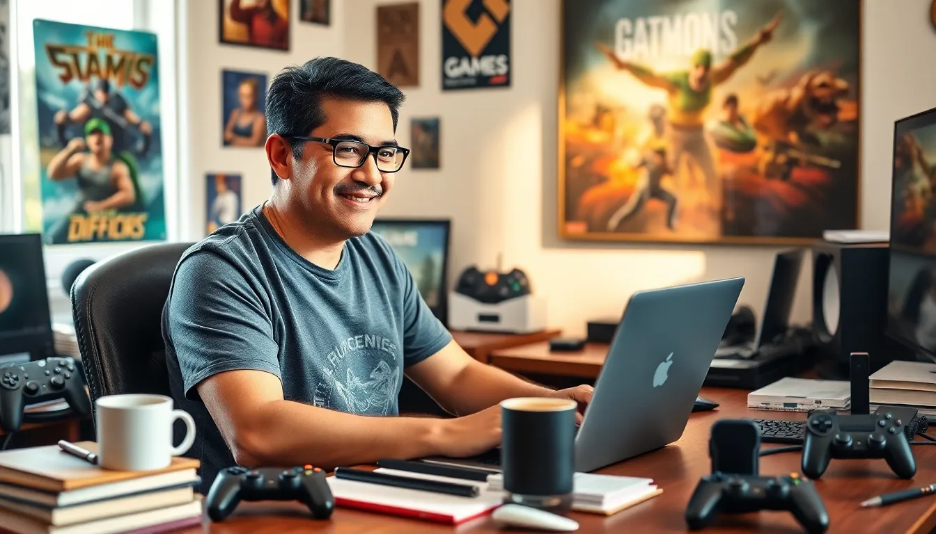 Larry Nando working in his cozy home office surrounded by gaming memorabilia.