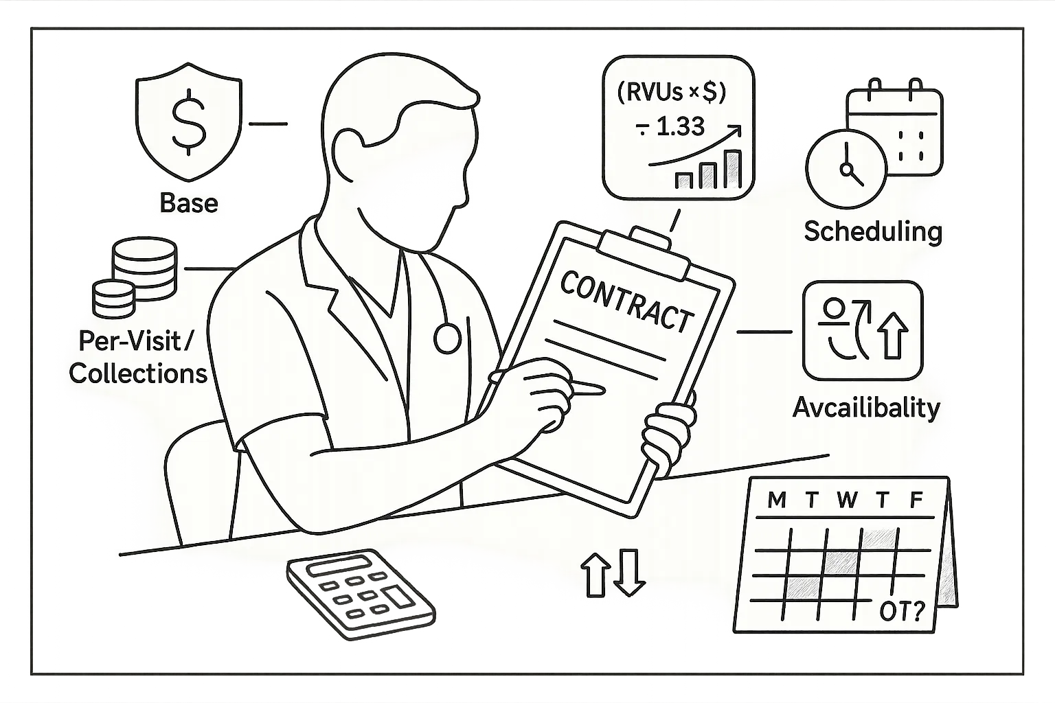 PA reviewing a telehealth contract with pay-model icons and a scheduling calendar.