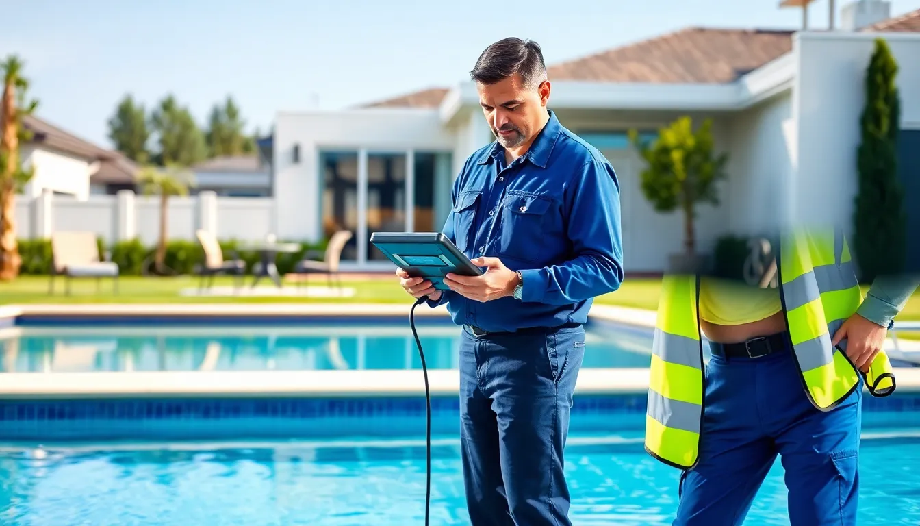 Pool technician inspecting water quality in a backyard setting.