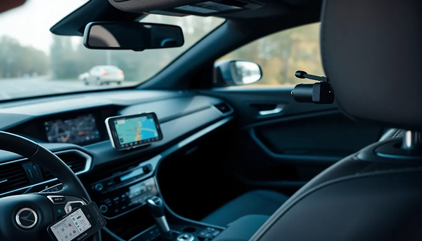 interior of a car showcasing modern tech accessories and devices.