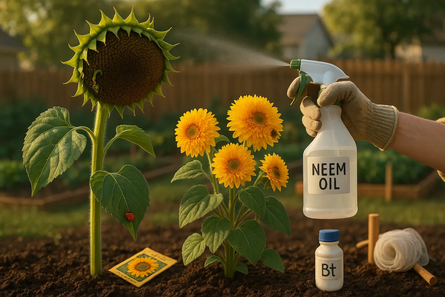 Two sunflowers (Mammoth and Teddy Bear) showing pests and a gardener spraying neem oil.