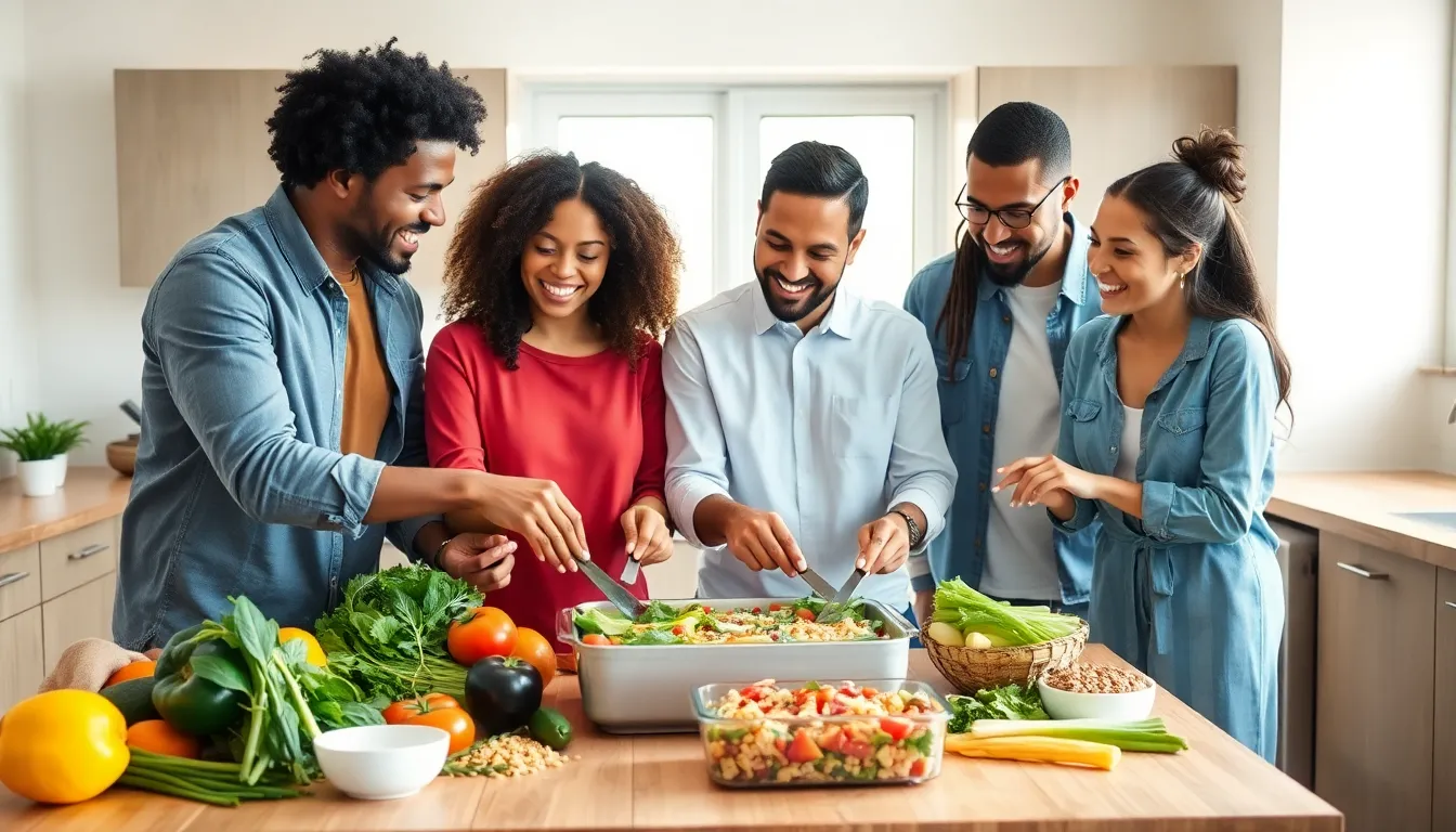 family preparing a healthy casserole in a modern kitchen.
