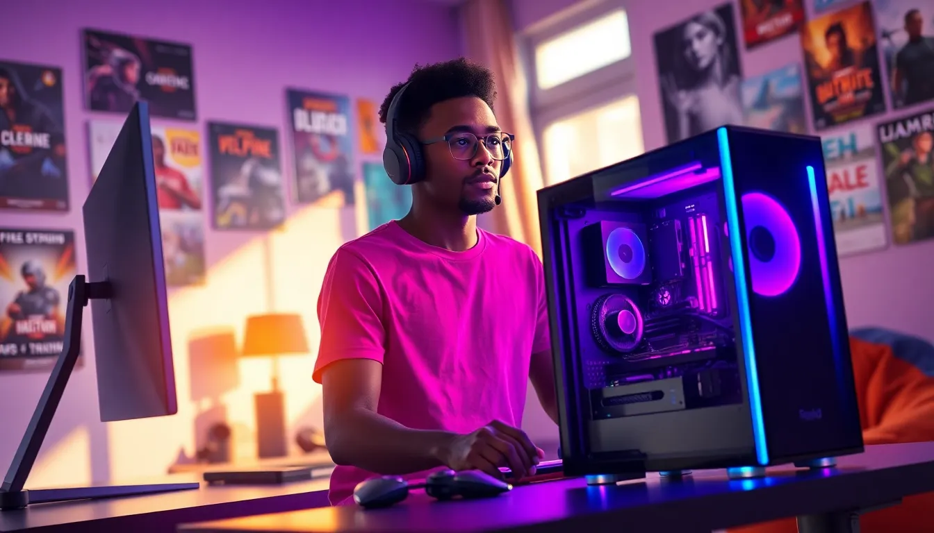 A young gamer using a portable gaming PC in a neon-lit room.