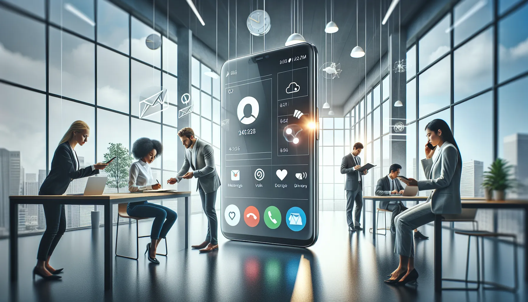 diverse professionals using smartphones in a modern office setting.
