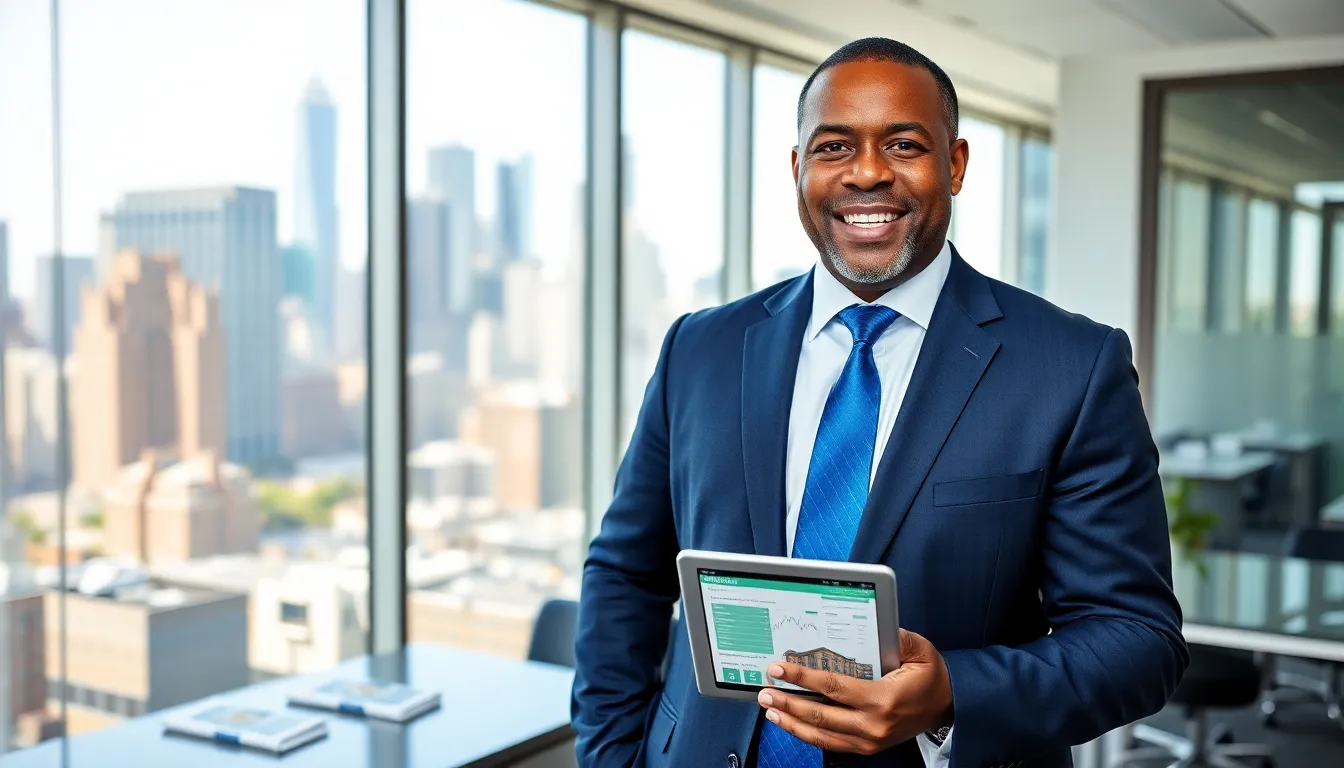 Timothy Williams in a navy suit, standing in a modern office with a city view.