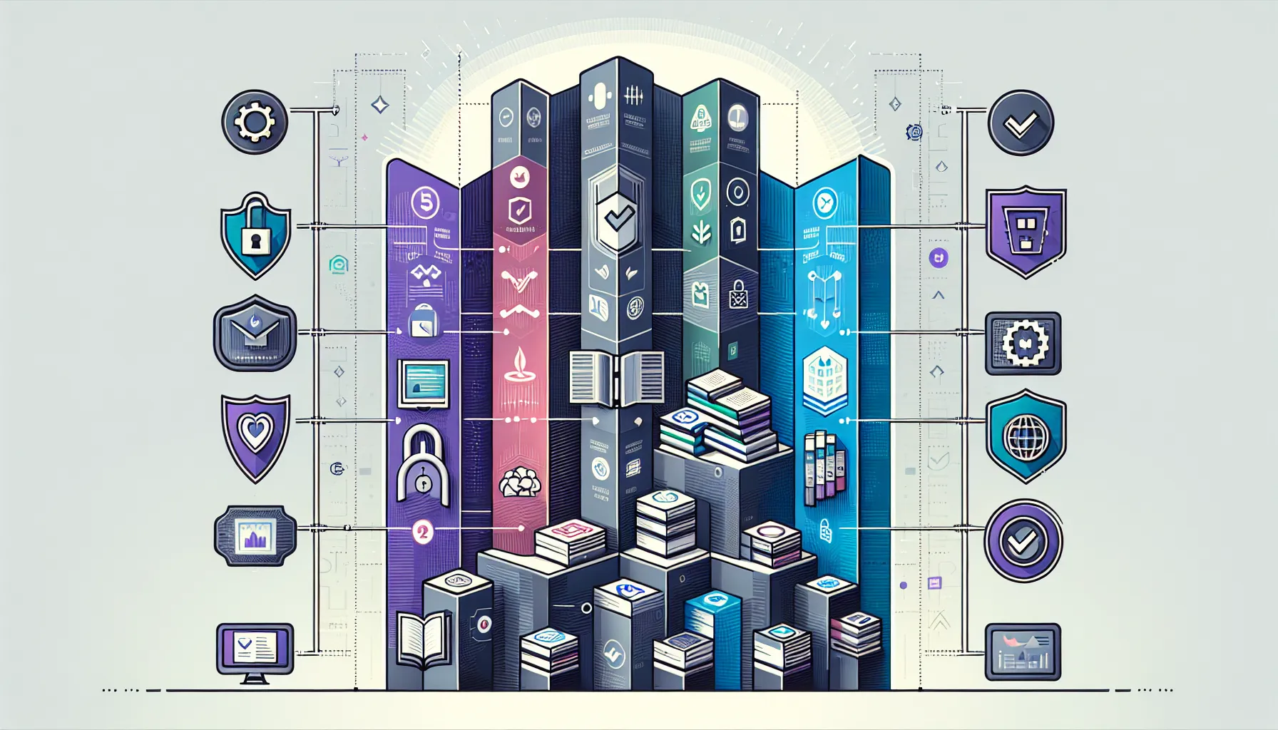 Five-tier vertical infographic showing beginner-friendly DeFi platform characteristics with icons and label areas.