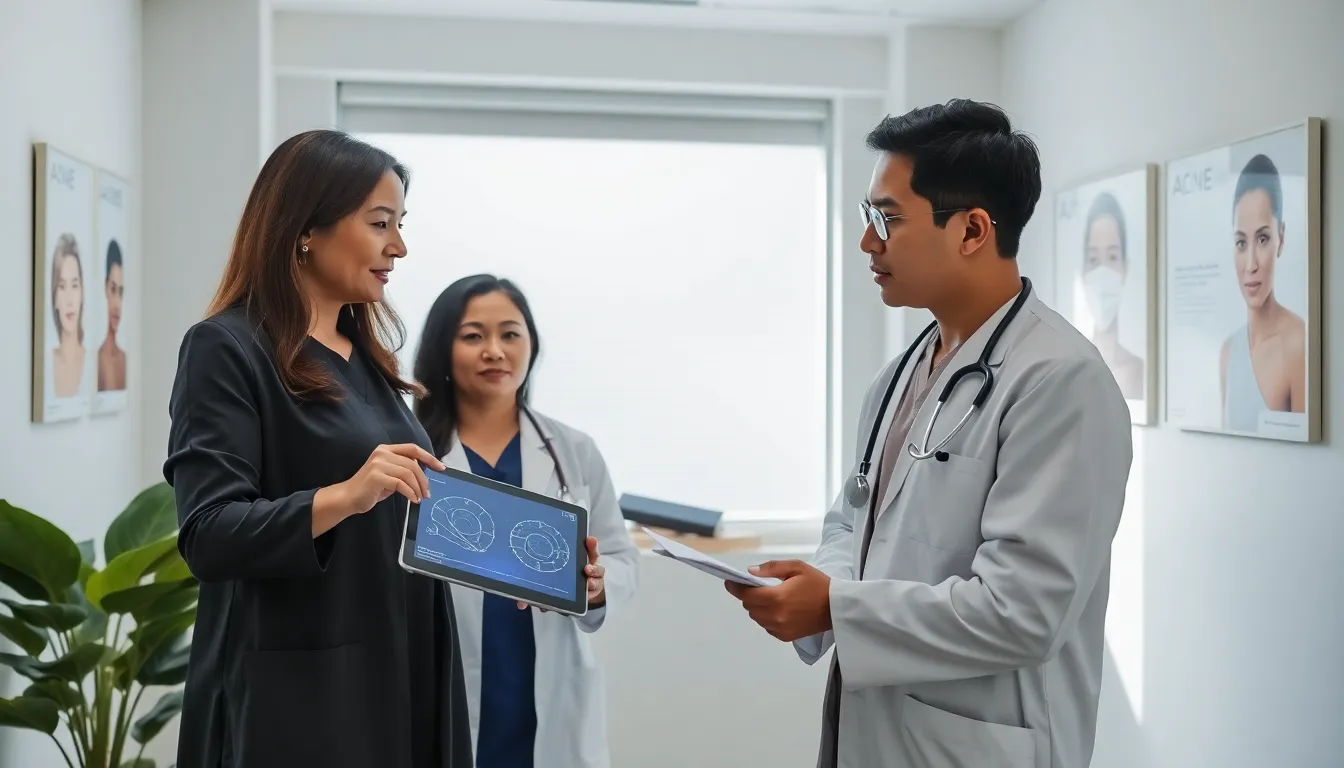 medical team discussing acne treatment in a modern office.