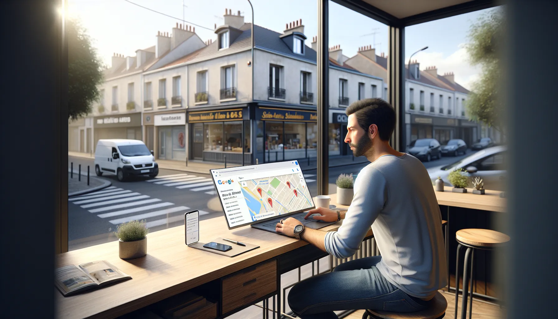 French shop owner checking Google local search and map results for Saint-Maurice.