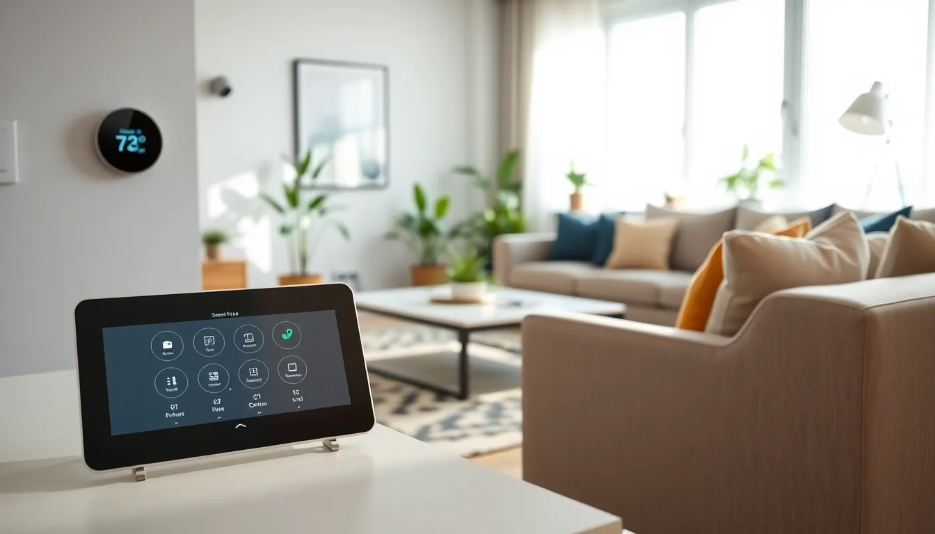 modern living room with various IoT smart home devices.