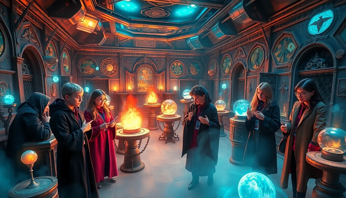 diverse wizards strategizing in a magical Hogwarts room.