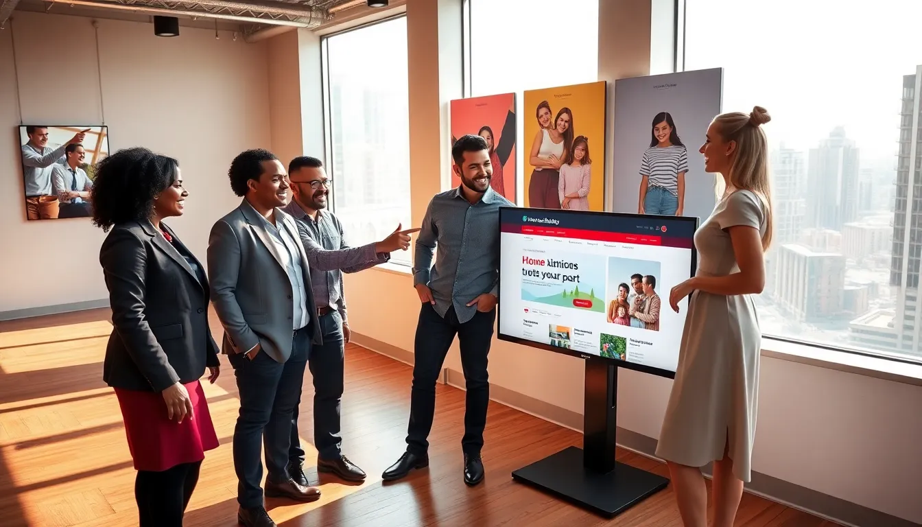 A diverse team of real estate agents discussing a website in a modern office.