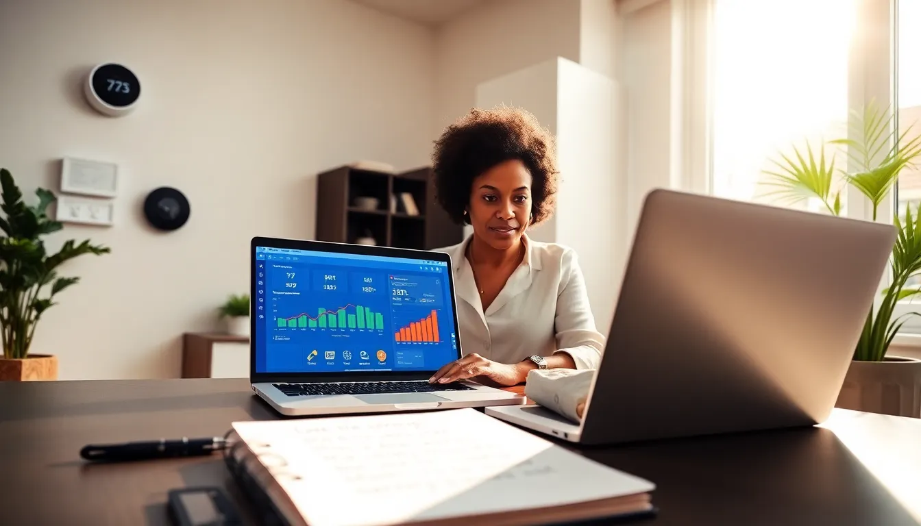 a woman analyzing energy usage on a laptop in a bright home office.
