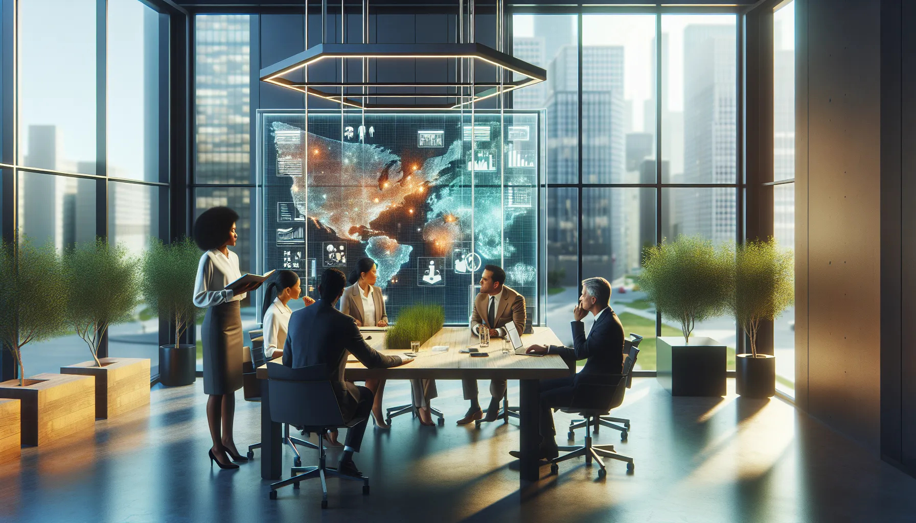 diverse team discussing community mapping in a modern office.