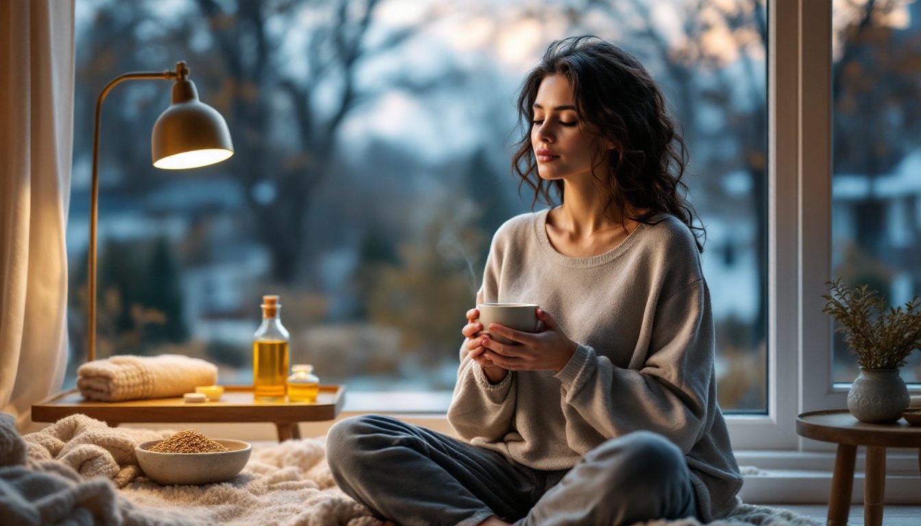 A woman calmly sipping warm spiced milk by a window at dusk.