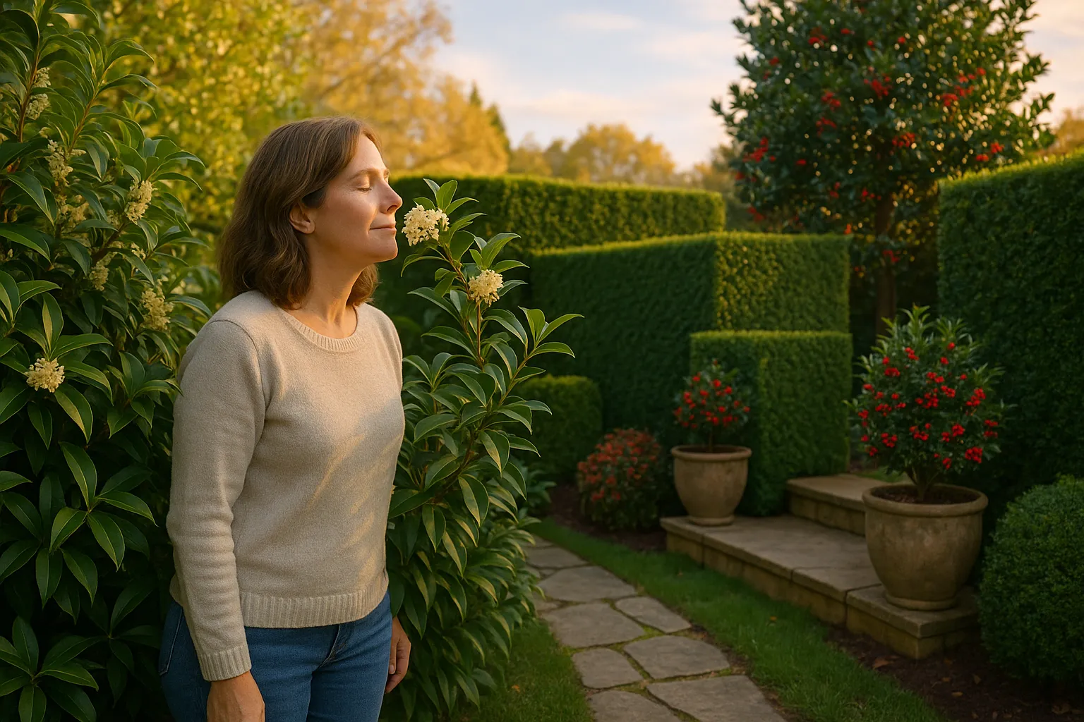 Woman smelling osmanthus hedge with formal holly hedge and red berries behind.