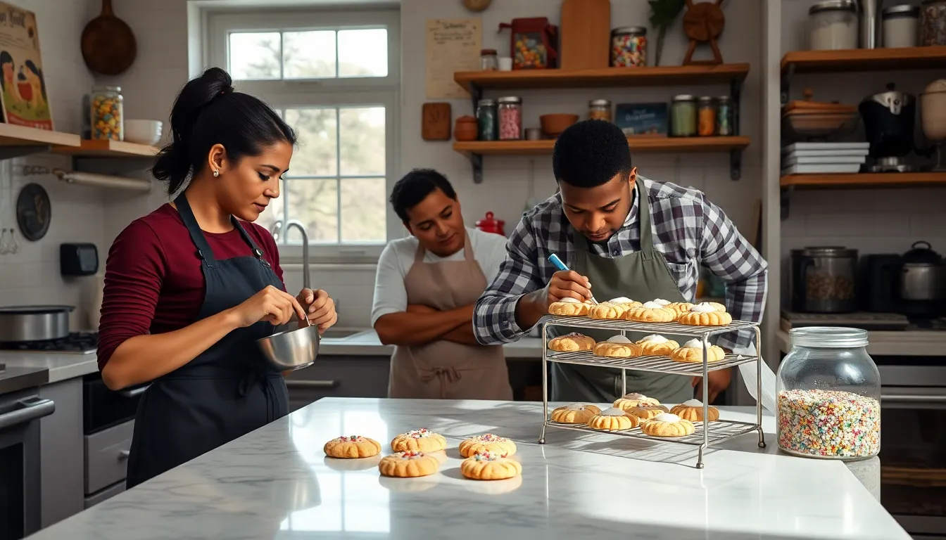 diverse bakers preparing cookies in a warm kitchen setting.