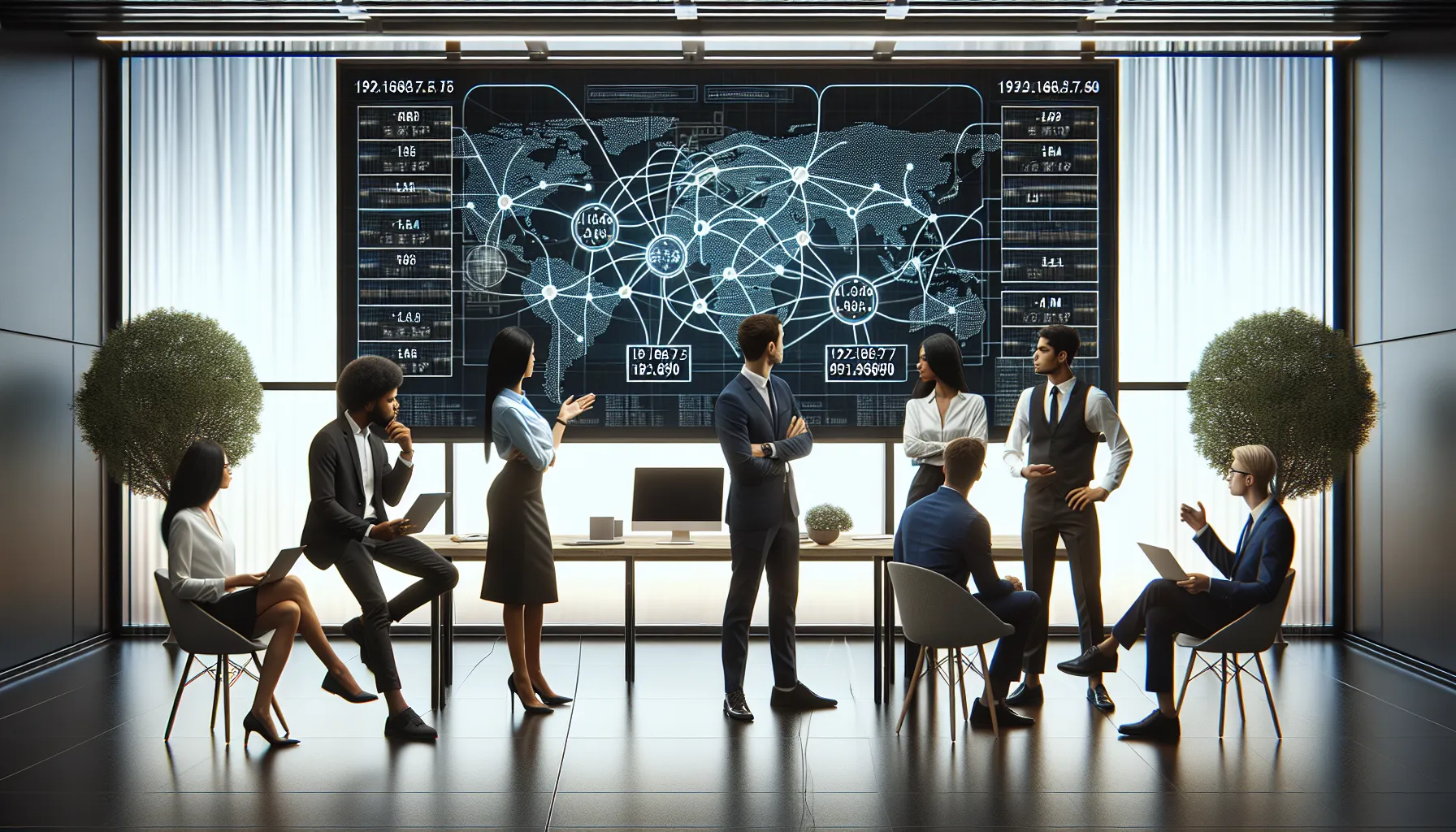 IT professionals discussing network configurations in a modern office.