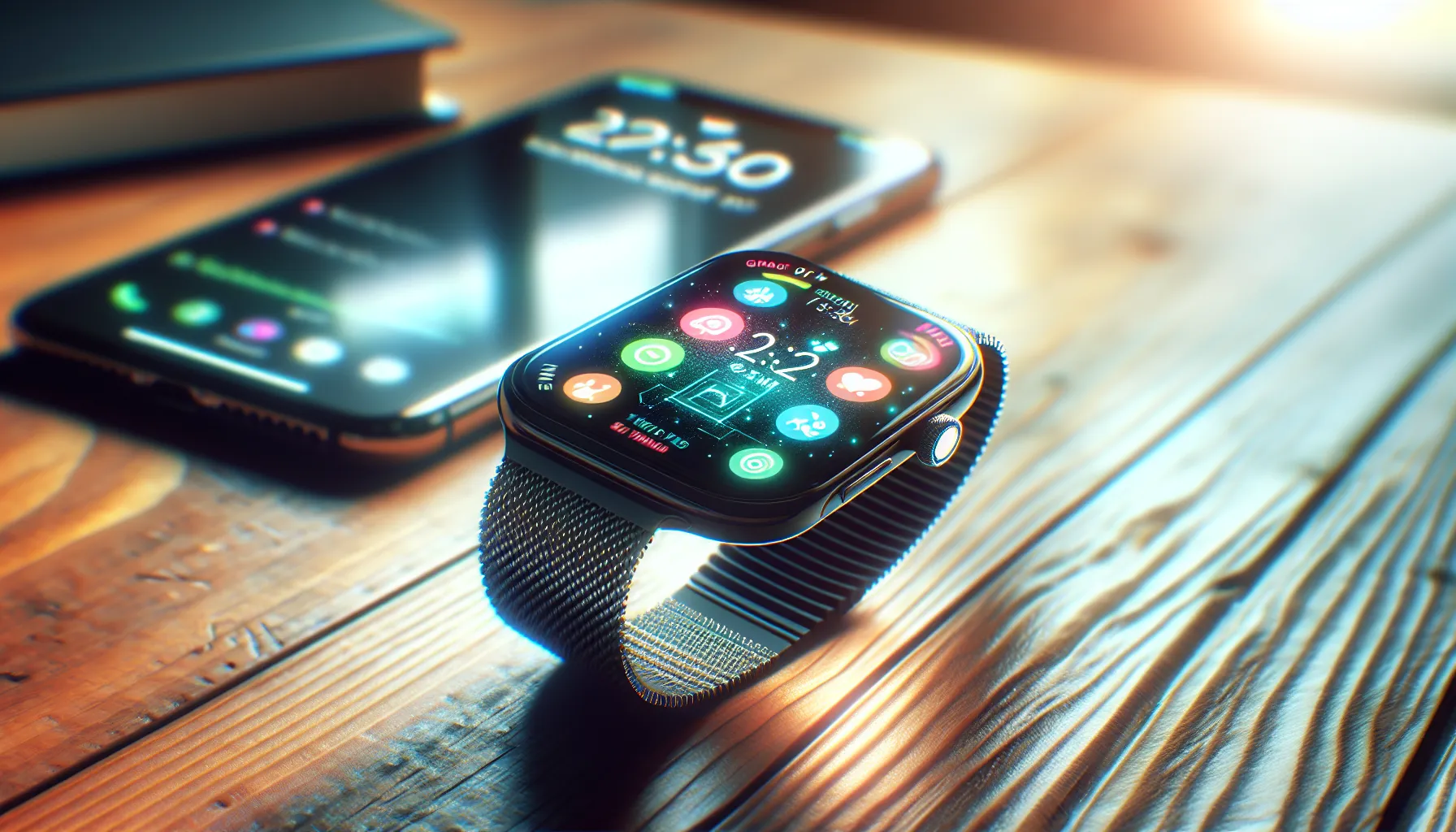 A modern smartwatch displaying apps on a desk with a smartphone in the background.