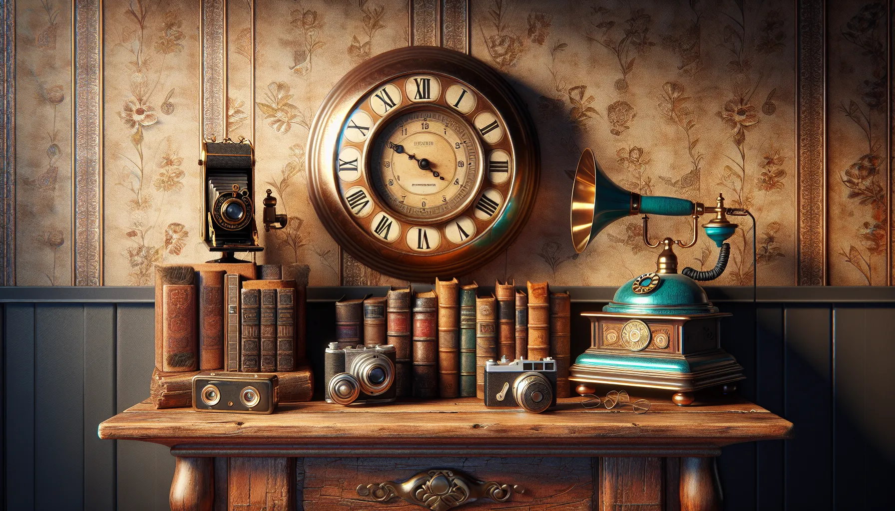 A display contrasting vintage and retro collectibles on a wooden shelf.