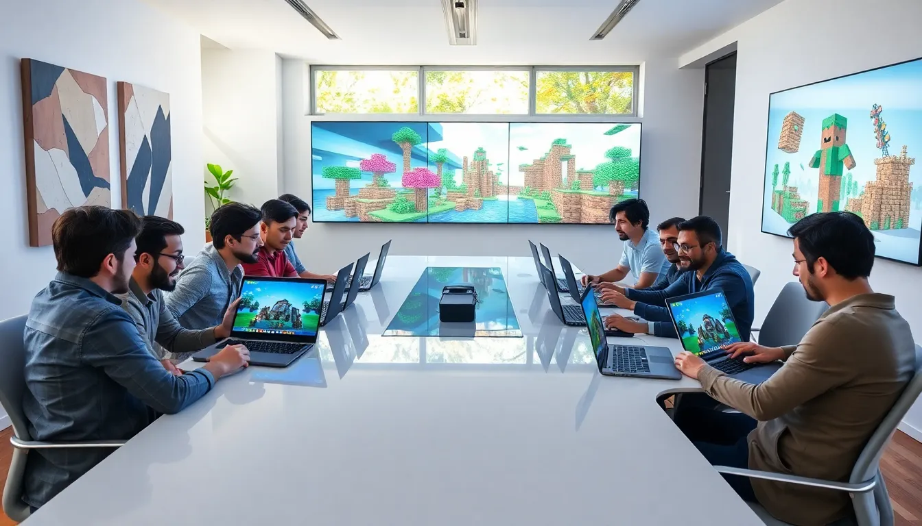 diverse gamers collaborating on Minecraft Redwebzine Java in a modern setting.