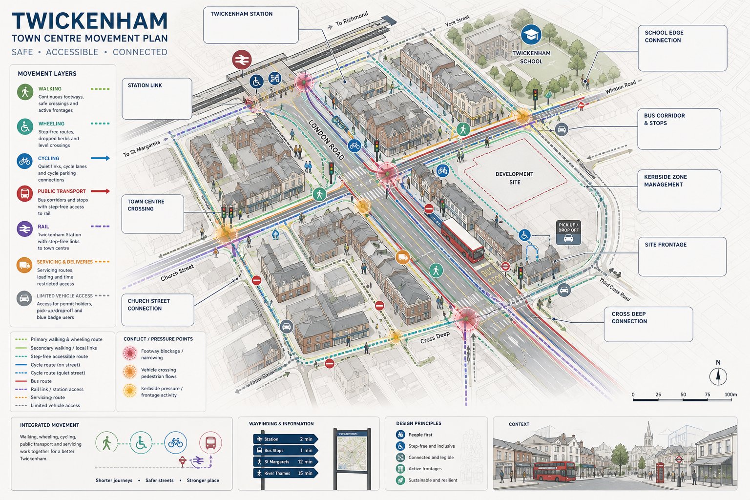 Infographic of Twickenham street movement with walking, cycling, buses and access routes.