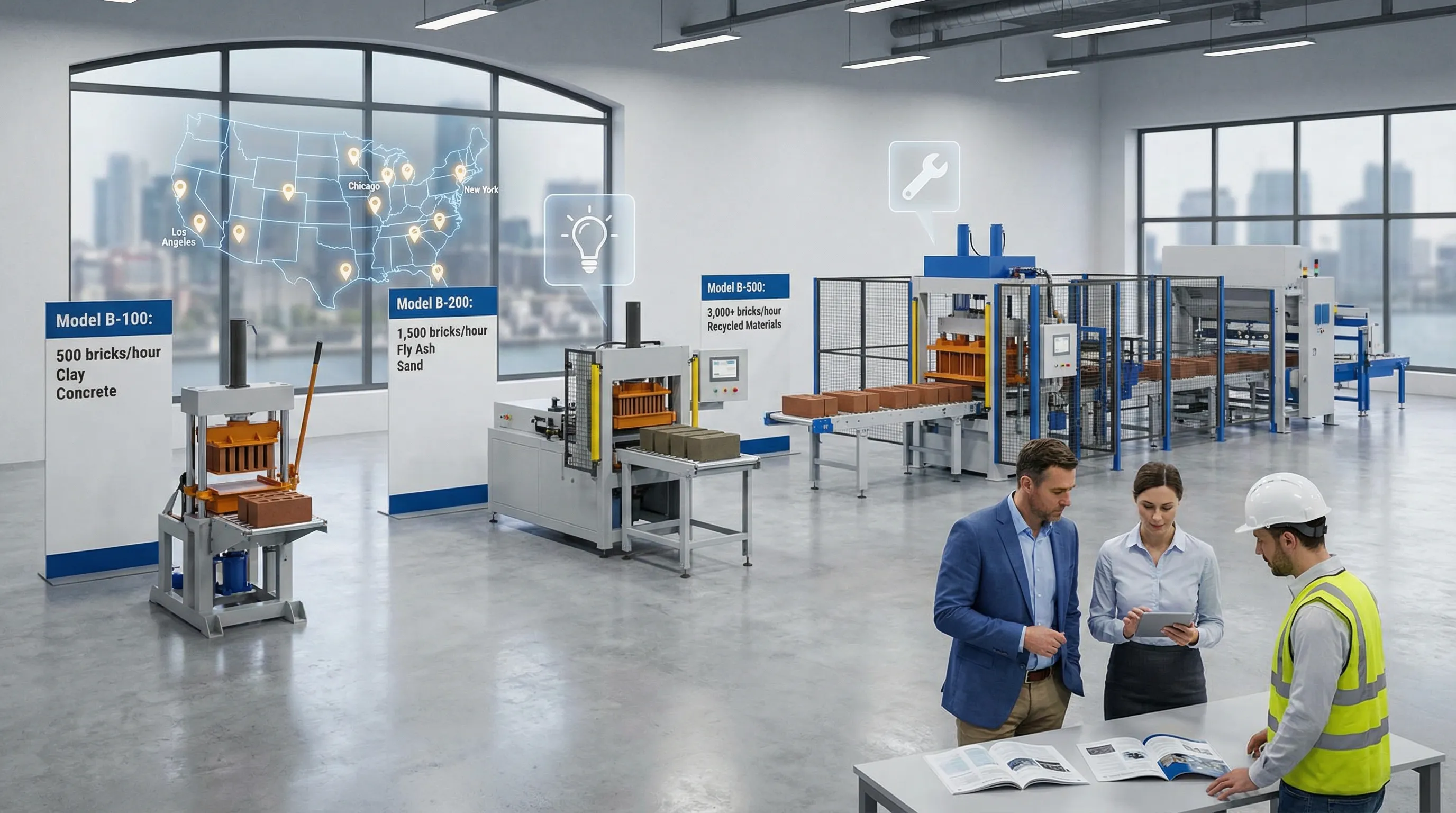 Professionals reviewing modern brick machines in a bright industrial showroom.