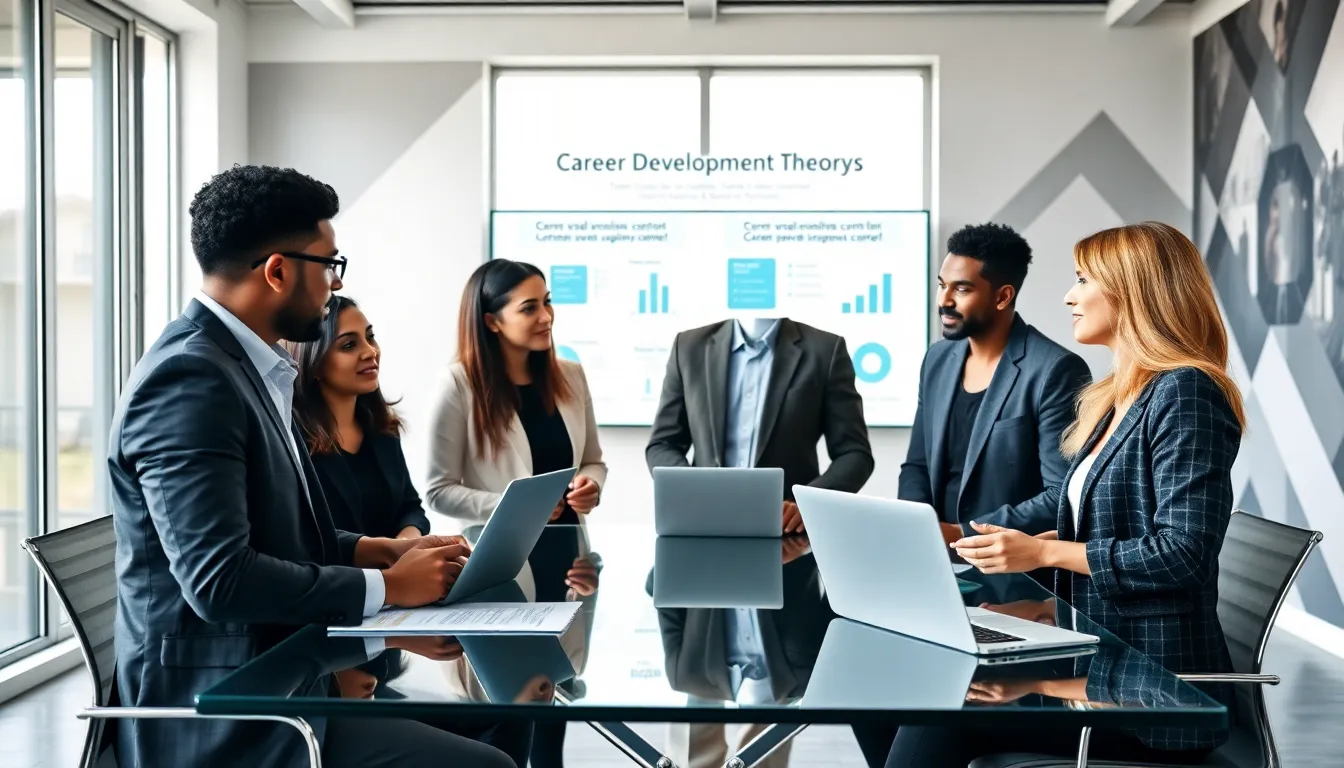 diverse professionals discussing career development theories in a modern office.