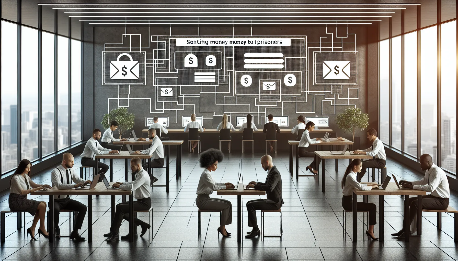 diverse team working on laptops to send money to a prisoner.