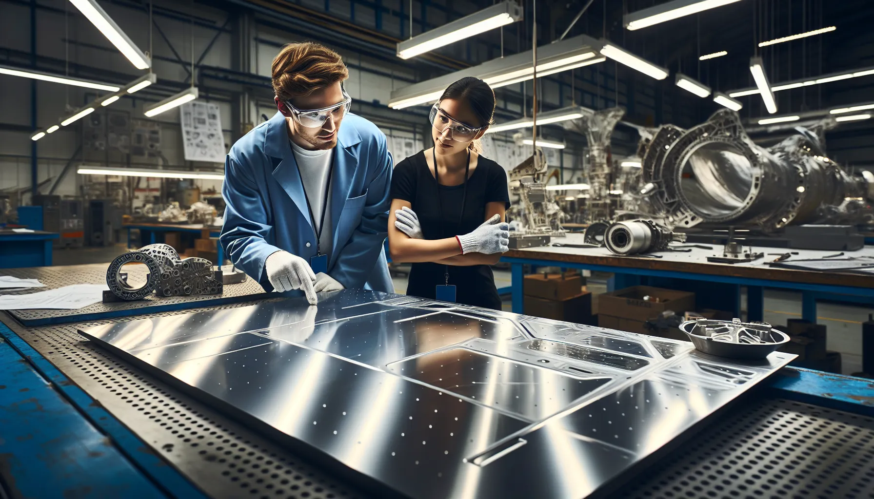 Two engineers discussing aluminum and titanium in an aerospace workshop.