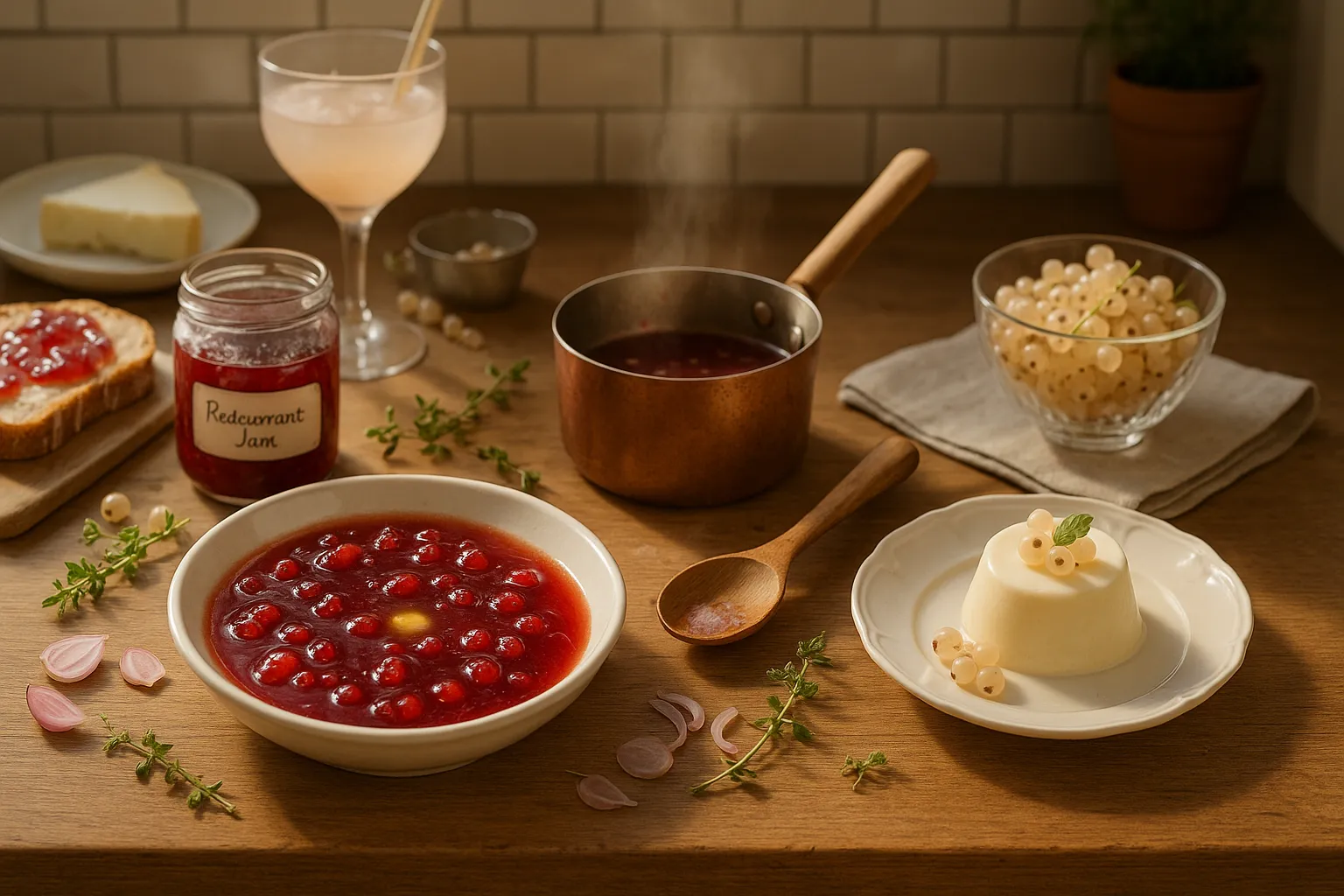 Redcurrant reduction and raw whitecurrants styled with desserts and jam.