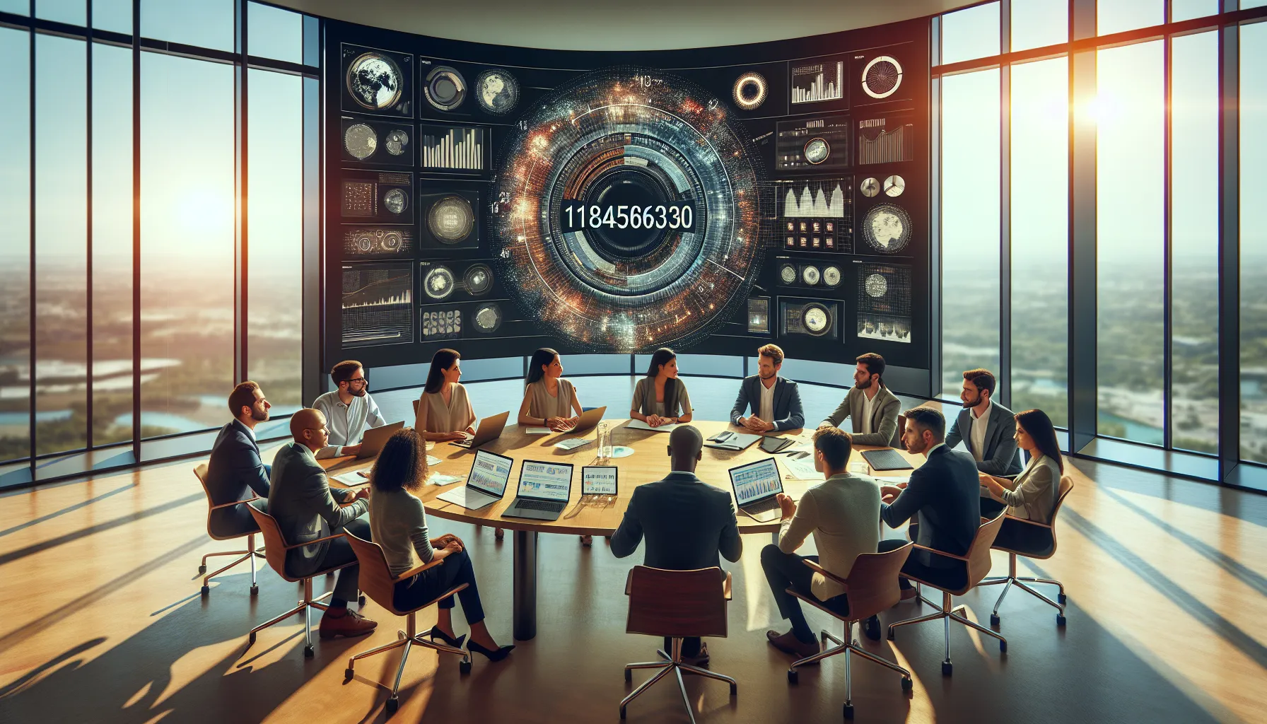 diverse professionals discussing data in a modern office setting.