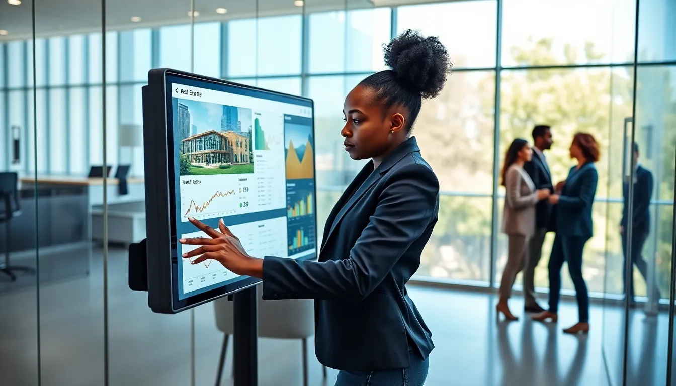 a young woman using a touchscreen in a modern real estate office.