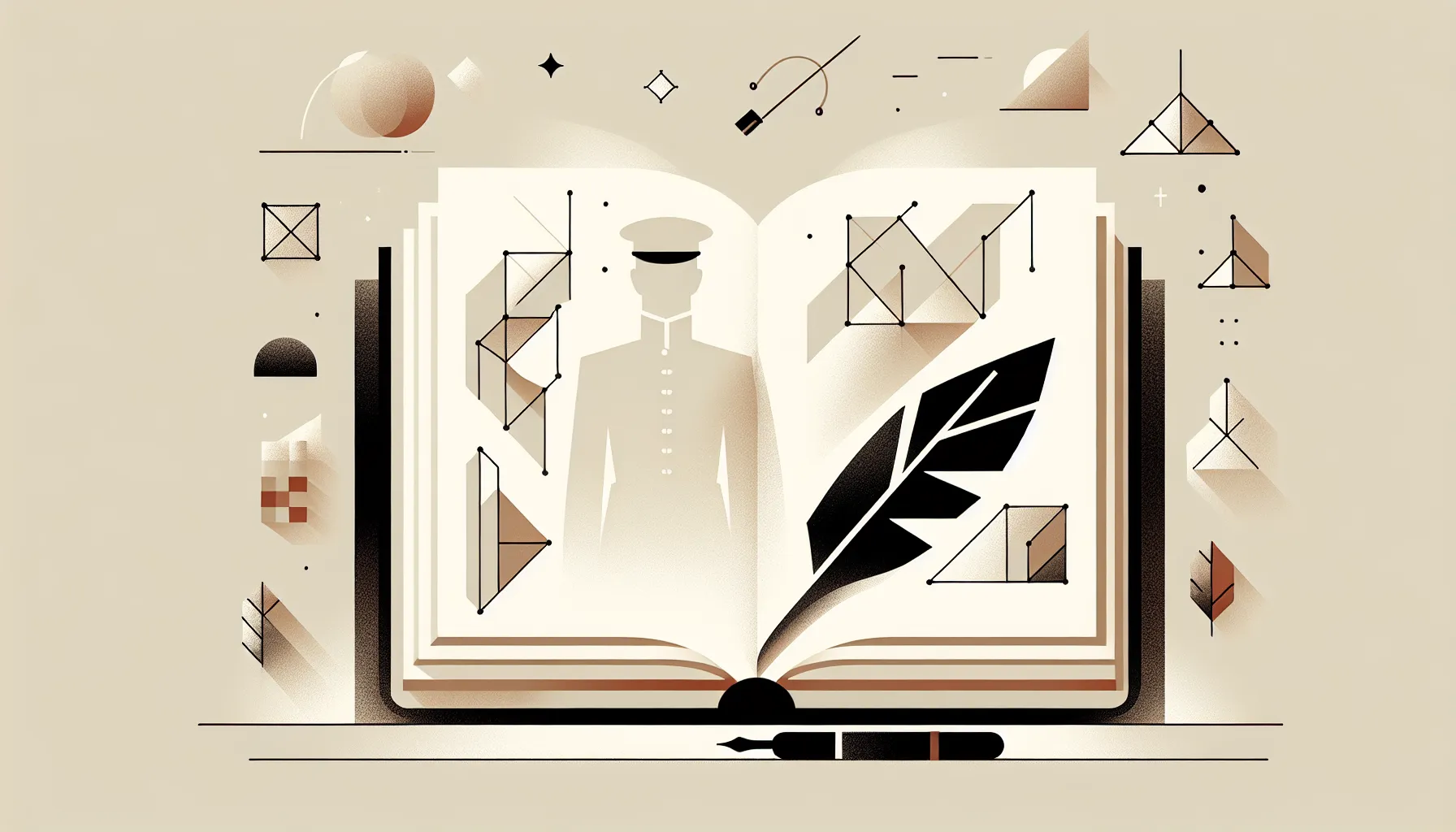 Open antique book with quill pen and military figure silhouette.