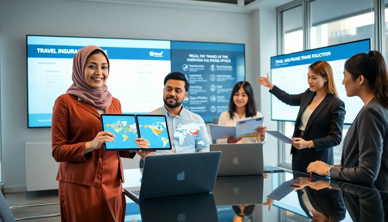 professionals discussing 1 year travel insurance in a modern office.