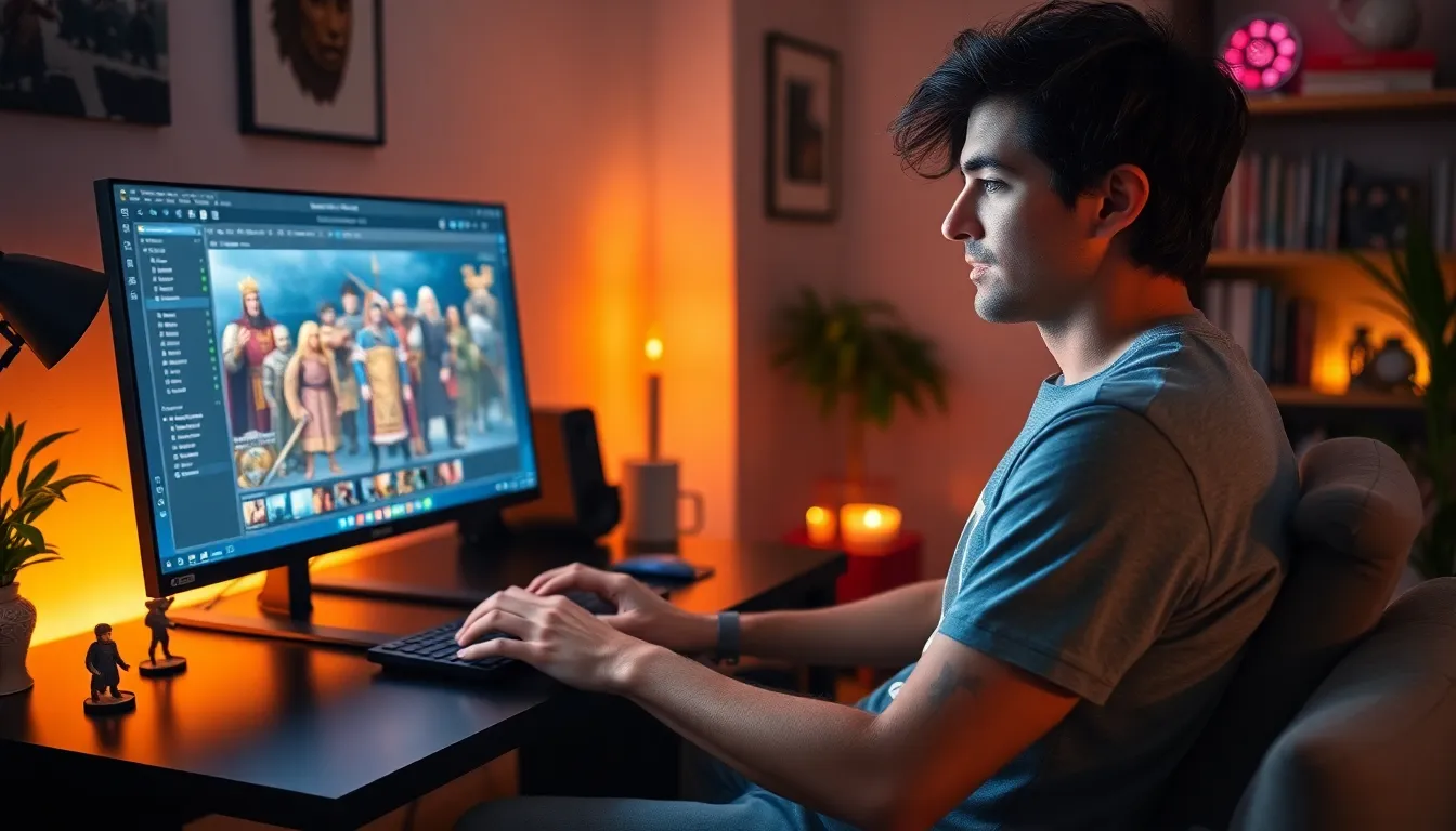 young man using a gaming tool in a modern home office.
