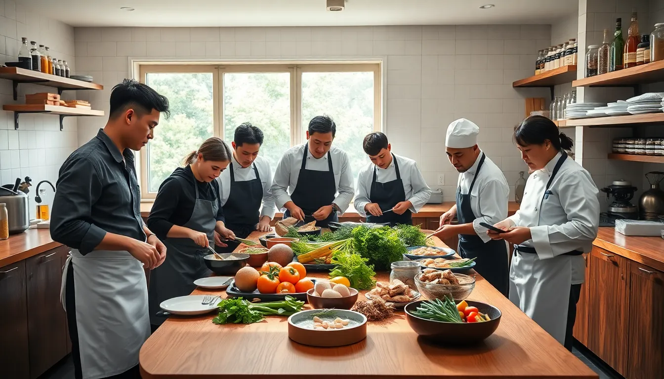 diverse chefs preparing European-inspired dishes in a modern kitchen.