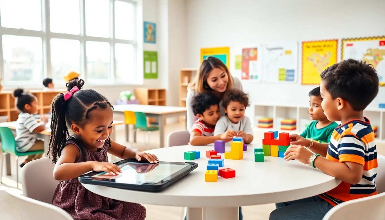 diverse children engaged in learning activities in a modern classroom.