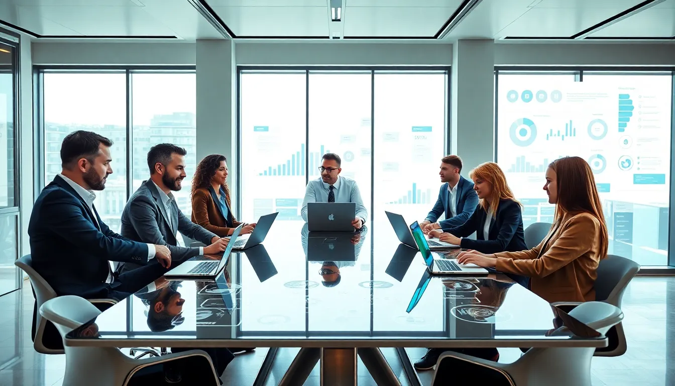 professionals collaborating in a modern office on technology solutions.