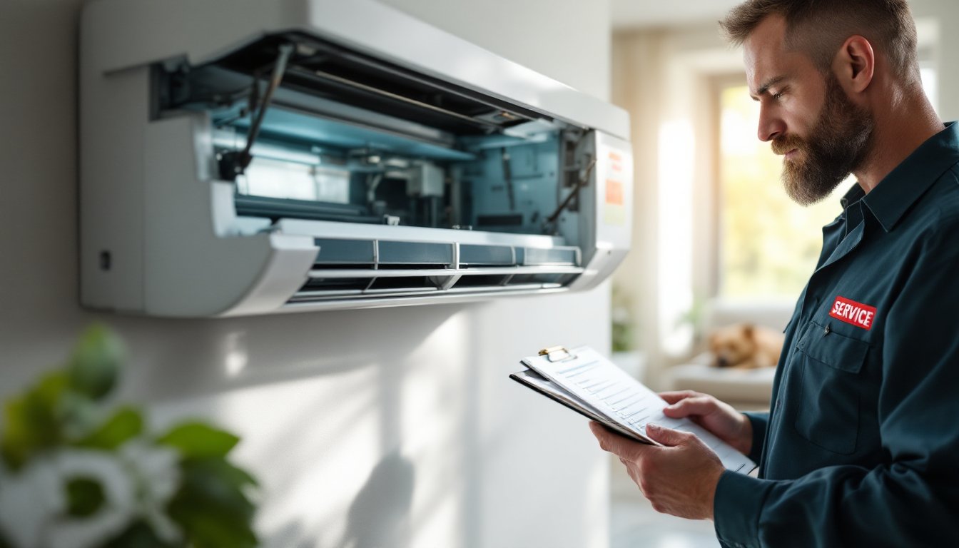 A technician inspecting an open split air conditioner unit during annual maintenance.